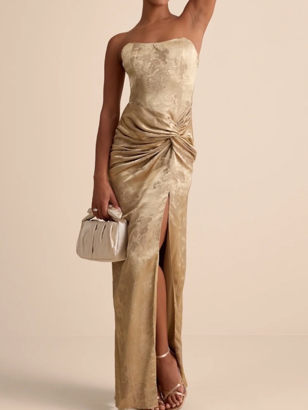 NWT Lulu's Strapless Gold Jacquard Knot-Front Evening Gown